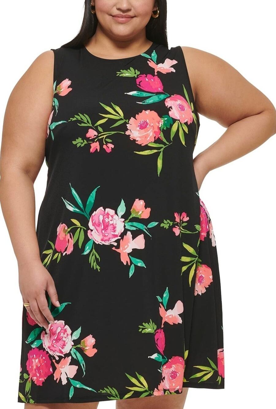 Jessica Howard JH Women's Size 16 Black Floral Sleeveless Trapeze Casual Dress